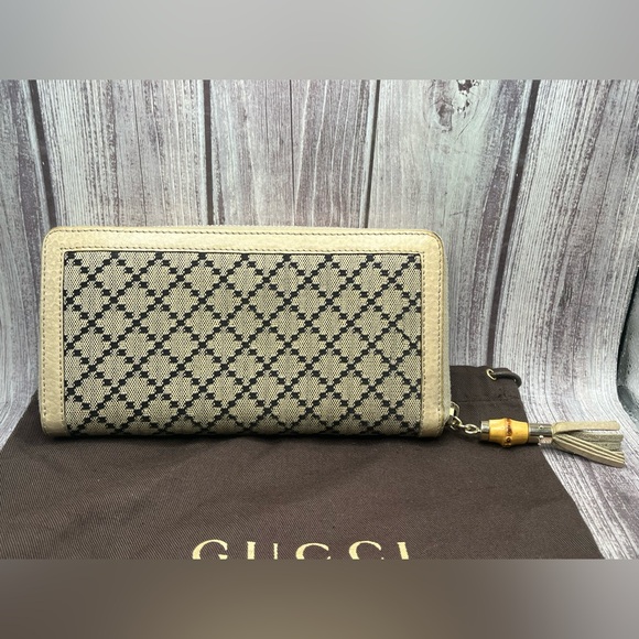 GUCCI Diamante Zip Wallet Leather Canvas Bamboo Tassel Beige & Black w/ Dust Bag - Picture 6 of 15